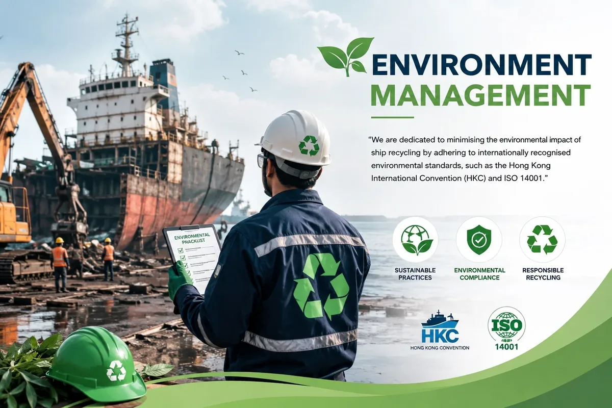 Environment Management: a yard supervisor reviewing an environmental checklist beside a vessel under dismantling, with Hong Kong Convention and ISO 14001 marks