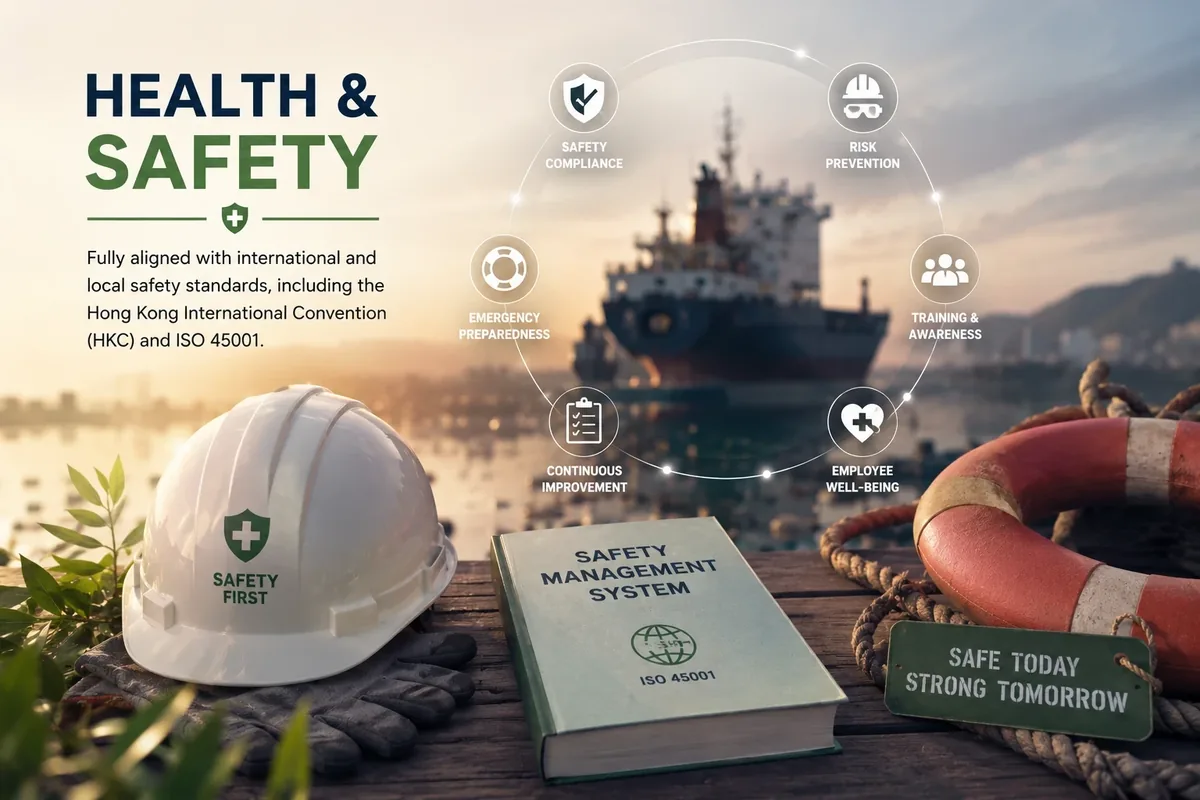 Health and Safety: hard hat, gloves and an ISO 45001 safety management system manual on the quayside, with the safety cycle from compliance through training to continuous improvement